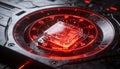 Close-up of a futuristic quantum computing core in red alert state with glowing glass processor sparks and holographic warnings Royalty Free Stock Photo