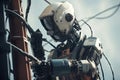 Close-up of futuristic robot arm on the background of the sky, futuristic AI robot electrician repairing electrical components and