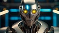 Close-up of a futuristic robot with glowing yellow eyes in a high-tech facility