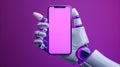 Close-up of Futuristic Robot hand holding smartphone with blank screen. Mobile cell phone with Blank display Space for Royalty Free Stock Photo