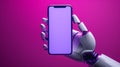 Close-up of Futuristic Robot hand holding smartphone with blank screen. Mobile cell phone with Blank display Space for Royalty Free Stock Photo