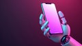 Close-up of Futuristic Robot hand holding smartphone with blank screen. Mobile cell phone with Blank display Space for Royalty Free Stock Photo