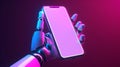 Close-up of Futuristic Robot hand holding smartphone with blank screen. Mobile cell phone with Blank display Space for Royalty Free Stock Photo
