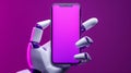 Close-up of Futuristic Robot hand holding smartphone with blank screen. Mobile cell phone with Blank display Space for Royalty Free Stock Photo