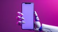 Close-up of Futuristic Robot hand holding smartphone with blank screen. Mobile cell phone with Blank display Space for Royalty Free Stock Photo