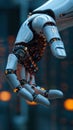 Close-up of a futuristic robotic hand with intricate details and glowing elements, representing advanced robotics and artificial