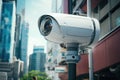 Close up futuristic security camera in street of smart city.