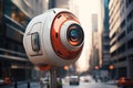 Close up futuristic security camera in street of smart city.