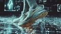 Futuristic cyberpunk shoes with golden glow