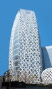 Close up on the futuristic skyscraper of the Tokyo mode gakuen cocoon tower designed by architect Noritaka Tange as cocoon shape