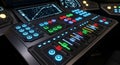Close-up of a futuristic spaceship cockpit control panel with colorful buttons and knobs on a black plastic surface with a graph Royalty Free Stock Photo