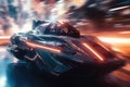 close-up of futuristic vehicle, with blurred streaks of motion and light in the background Royalty Free Stock Photo