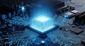 Futuristic Microchip Processor Glowing with Blue Light on a Circuit Board with Intricate Connections Royalty Free Stock Photo