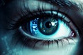 Close up futuristic woman female cyber eye eyeball iris pupil eyelashes in process scanning looking at camera Royalty Free Stock Photo