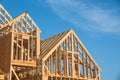 Close-up gable roof wooden house construction