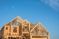 Close-up gable roof wooden house construction Royalty Free Stock Photo