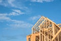 Close-up gable roof wooden house construction Royalty Free Stock Photo