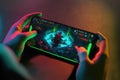 Close-up of a gamer holding a gaming smartphone with a mobile MOBA game on the screen. Generative AI