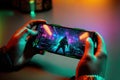 Close-up of a gamer holding a gaming smartphone with a cyber punk game on the screen.Generative AI