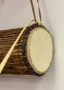 Close up of Gangan or Talking drum face and kongo, a Nigeria Yoruba musical instrument.