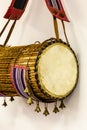 Close up of Gangan or Talking drum with Saworo Ide, a Nigeria Yoruba musical instrument.