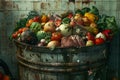 Close-up of a garbage bin in a kitchen, overflowing with various types of expired food. Generative AI