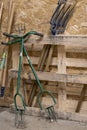 Close-up on garden claws, a kind of pitchfork, a tool used in the vegetable garden to refine the surface of the soil