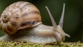 Close up of garden snails eyestalks exploring earthy spiral shell and textured body in clear focus Royalty Free Stock Photo
