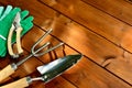 Close-up gardening tools and objects on old wooden background with copyspace Royalty Free Stock Photo
