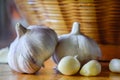 Close up of Garlic on blurred basket background