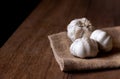Close up garlic cloves on sackcloth