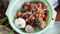 Close up Garlic and Shallot in a basket at Thailand market