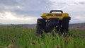 Close up of gas diesel mobile portable electricity generator work on grass. Gasoline fuel powered portable generator Royalty Free Stock Photo