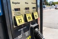 Close up of gas station pump; three octane grades available for selection; California, United States Royalty Free Stock Photo