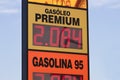 Close-up of a gas station sign that reads fuel prices for cars Royalty Free Stock Photo