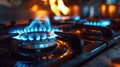 A close up of a gas stove with blue flames coming out, AI Royalty Free Stock Photo