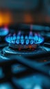 A close up of a gas stove with blue flames coming out, AI Royalty Free Stock Photo