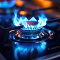 A close up of a gas stove with blue flames coming out, AI Royalty Free Stock Photo