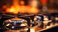 Close up of gas stove with flames in background, AI Royalty Free Stock Photo