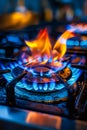 Close up of gas stove with flames. Generative AI Royalty Free Stock Photo