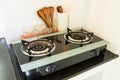 Close up of the gas stove in kitchen room. Modern kitchen interior, Building interior Royalty Free Stock Photo