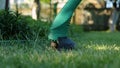 Close up of gasoline lawn-mower cutting green grass in backyard. Lawn mower mows in the garden. Slow motion. Person Royalty Free Stock Photo