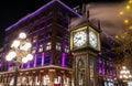 Close-up Gastown Steam Clock. Vancouver downtown beautiful street view at night. Canada. Royalty Free Stock Photo