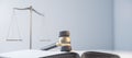 Close up of gavel, book and scales on blurry light background with mock up place. Law and jurisdiction concept. Royalty Free Stock Photo