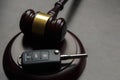Close-up Of Gavel And Car Key On Sounding Block Against Grey Background Royalty Free Stock Photo
