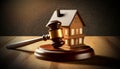 Gavel and Small Model House on a Wooden Table - Generative Ai Royalty Free Stock Photo