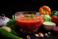 close-up of gazpacho, with ingredients visible and flavorsome