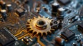 A close up of a gear on top of an electronic circuit board, AI Royalty Free Stock Photo