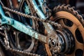 close-up of gears and chains on a partially assembled bike