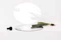 Close up of gel or serum glass pipette with transparent drops and aloe plant on mirror on white background